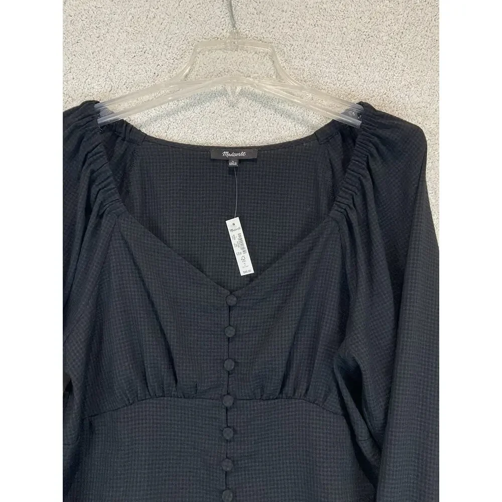 Madewell Gingham Sweetheart Button-Front Blouse Womens L Large Black NWT New